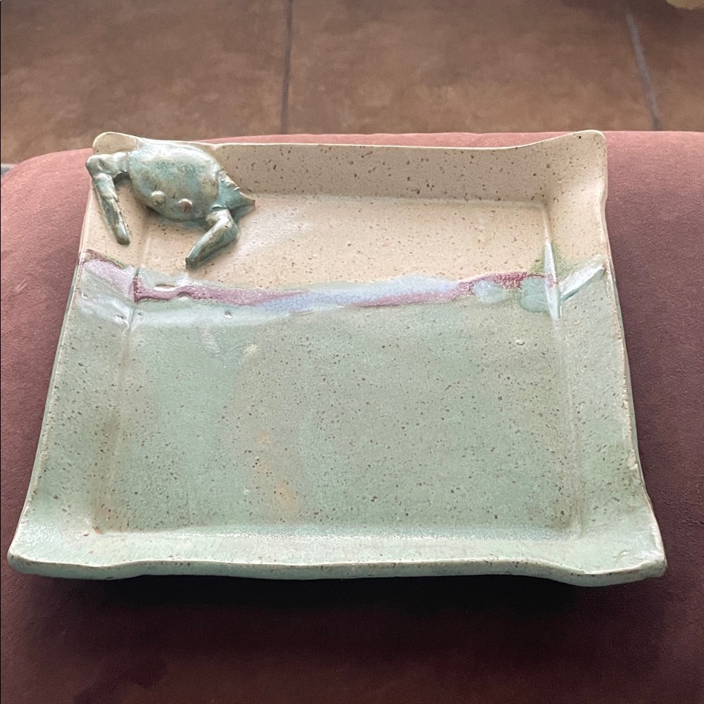 Handcrafted Ceramic Crab Plate - Green & Cream crab design. Signed by artist